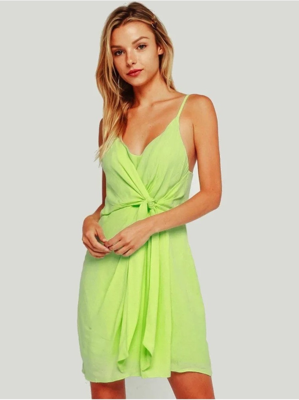 Oliviaceous Light Lime Colored Knot-Front Slip Mini Dress